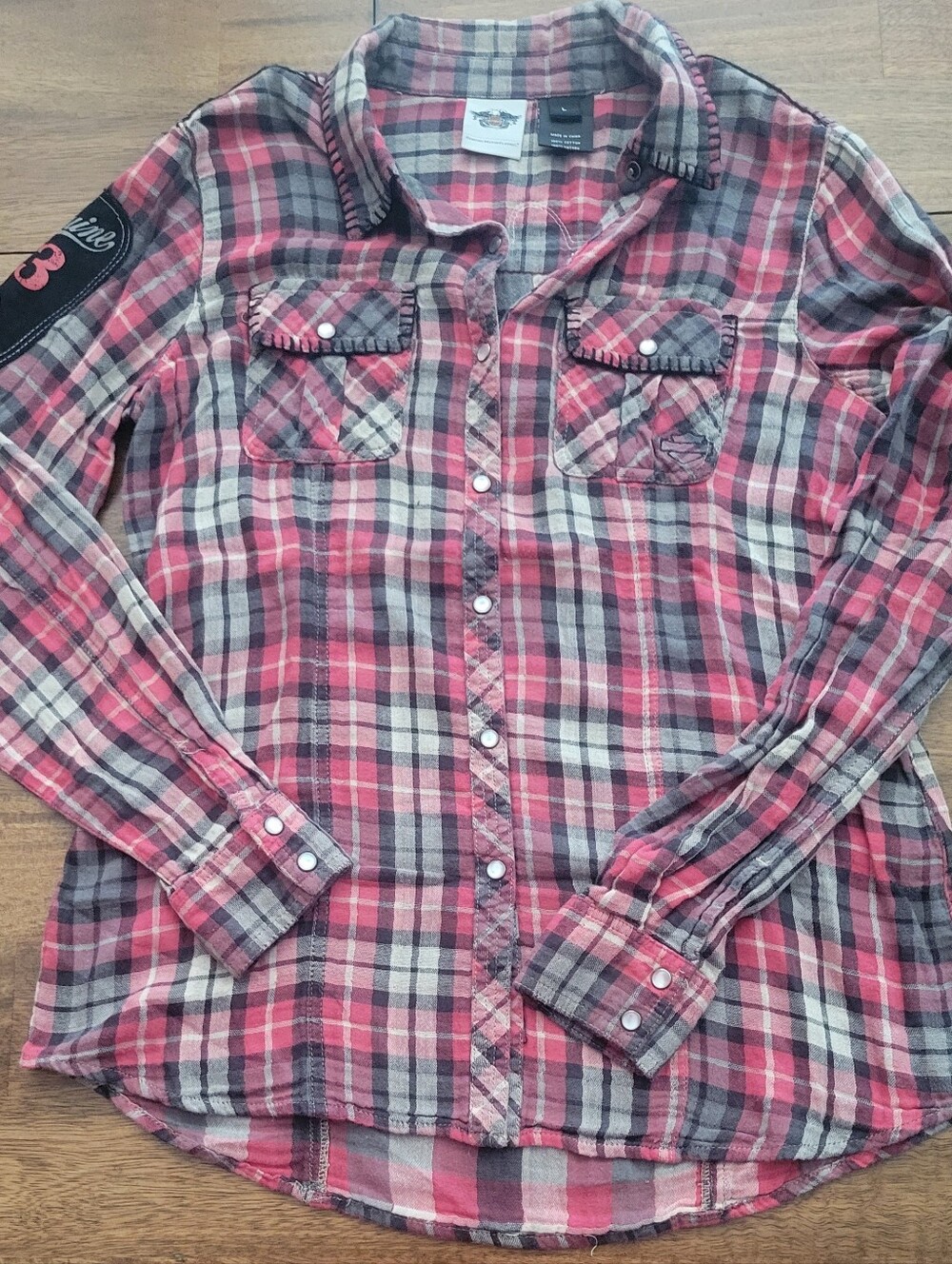 Harley Davidson Casual Plaid Button-Down Shirt - Red and Gray